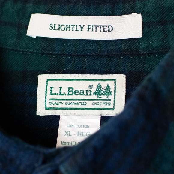 L.L. Bean Slightly Fitted Navy & Green Plaid Cotton Flannel Shirt - Picture 2 of 6